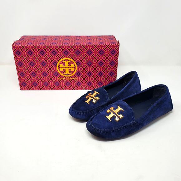 Tory Burch Everly Driver Loafers Nat Suede Royal Navy Rolled Brass 83642 Size 6 - Picture 2 of 11